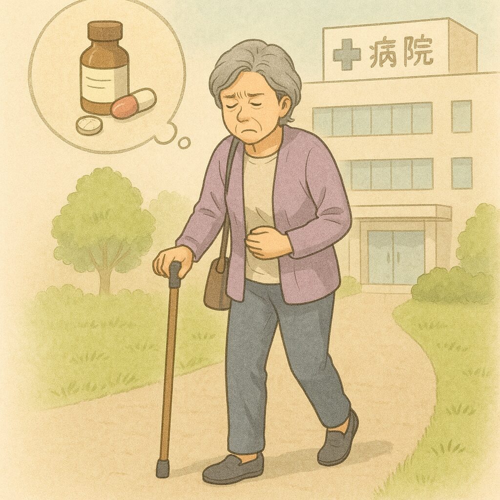 注射や新しい薬を試しても痛みが残る様子。杖は気に入って使っているイラスト