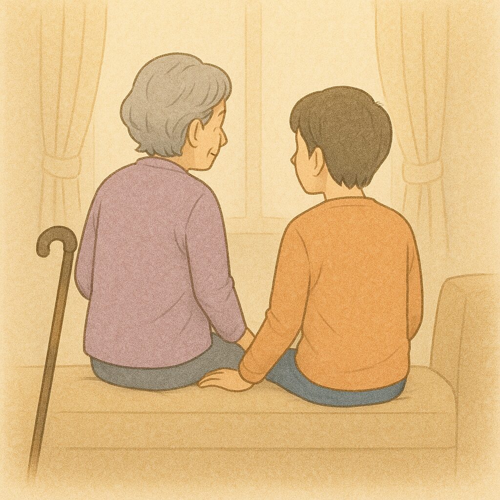 柔らかな光の中で並んで座る母と子の後ろ姿のイラスト