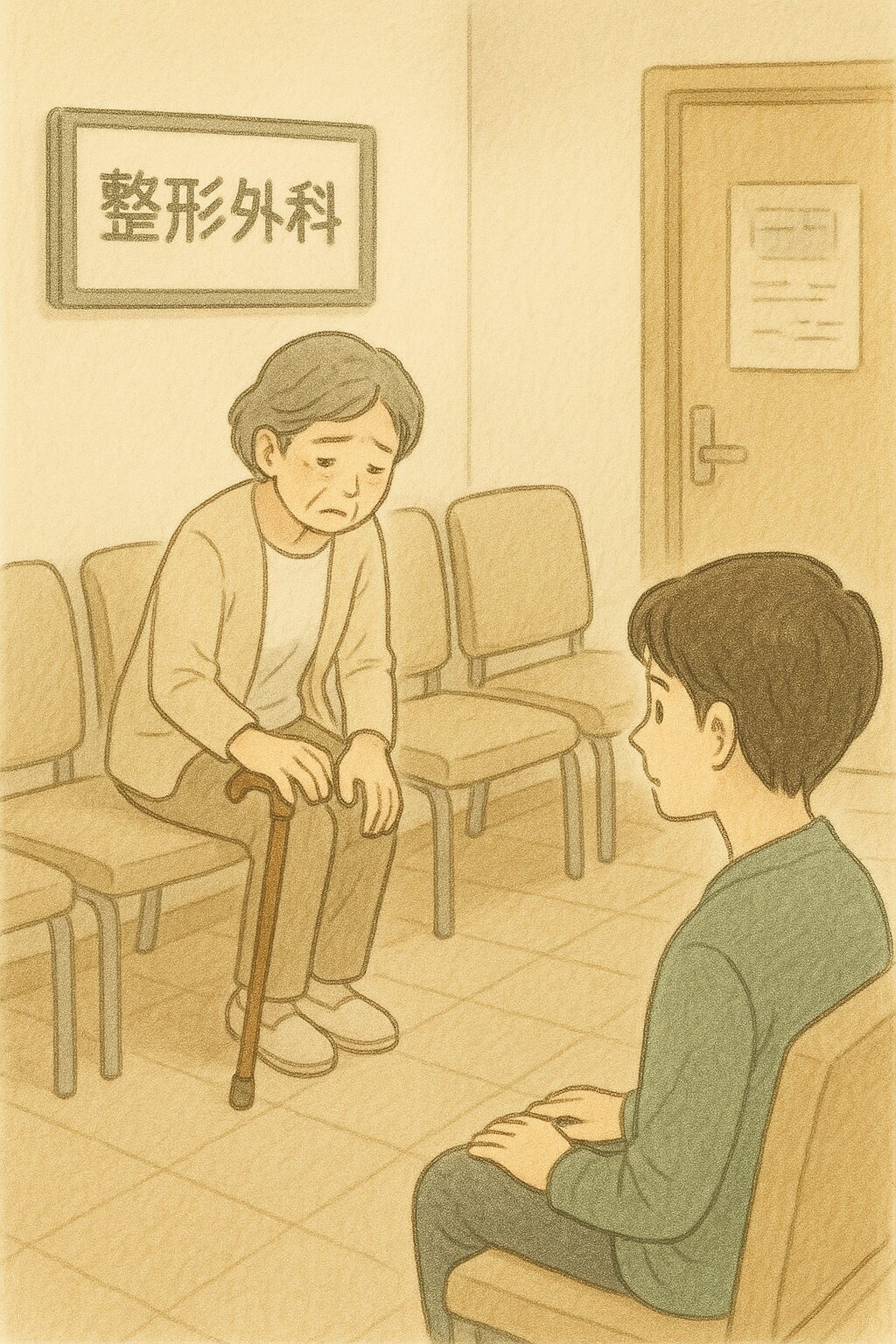整形外科の待合室で順番を待つ母のイラスト