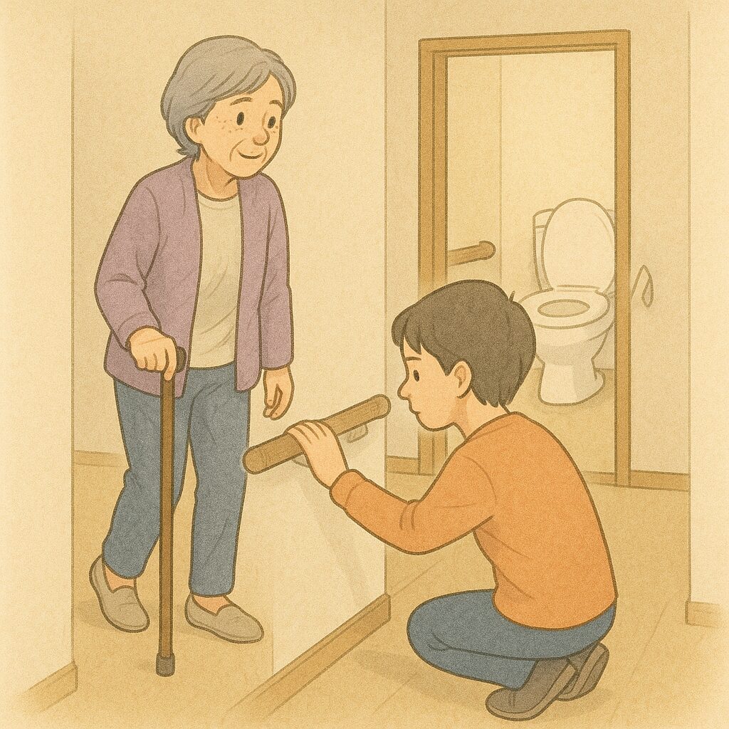 朝の光の中、杖でトイレまで歩く練習をするイラスト（将来は手すり設置予定）