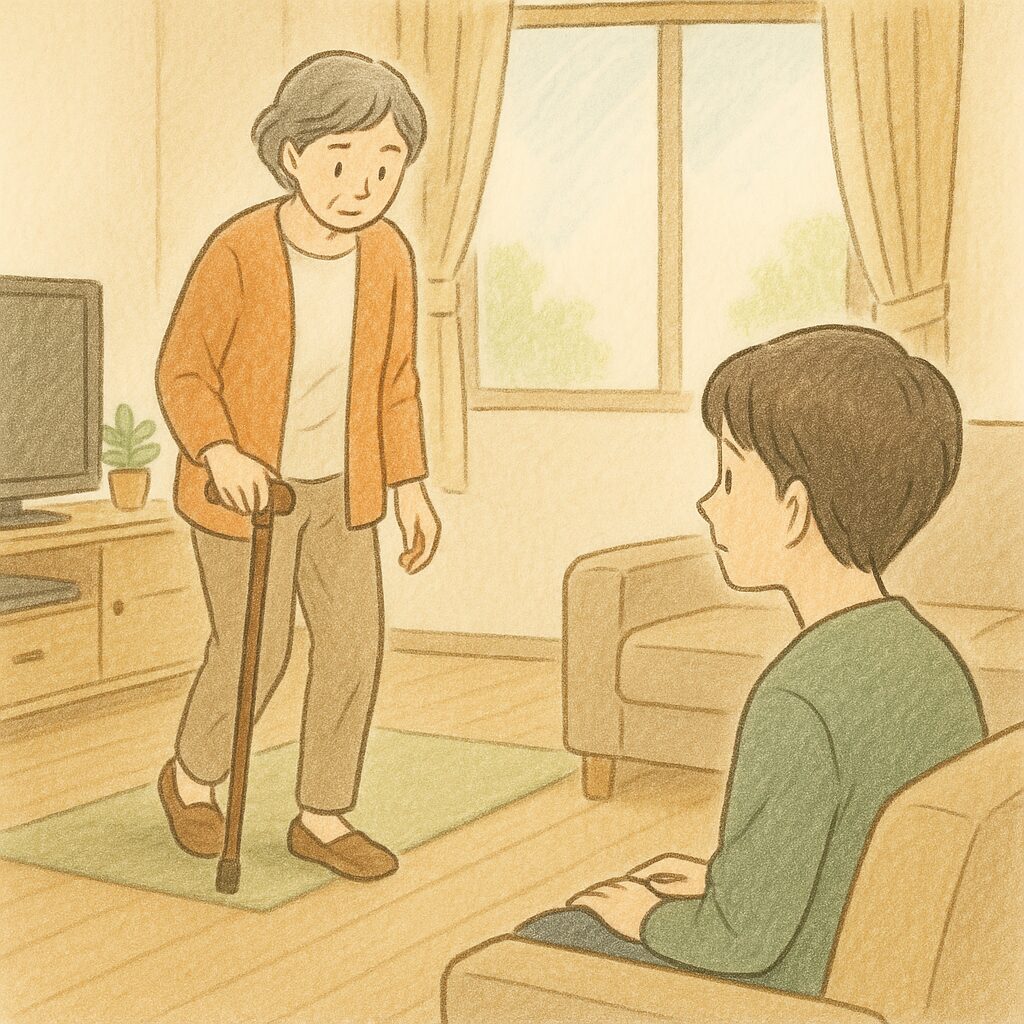 杖を手に立ち上がろうとする母を見守る居間のシーン（やさしいタッチのイラスト）